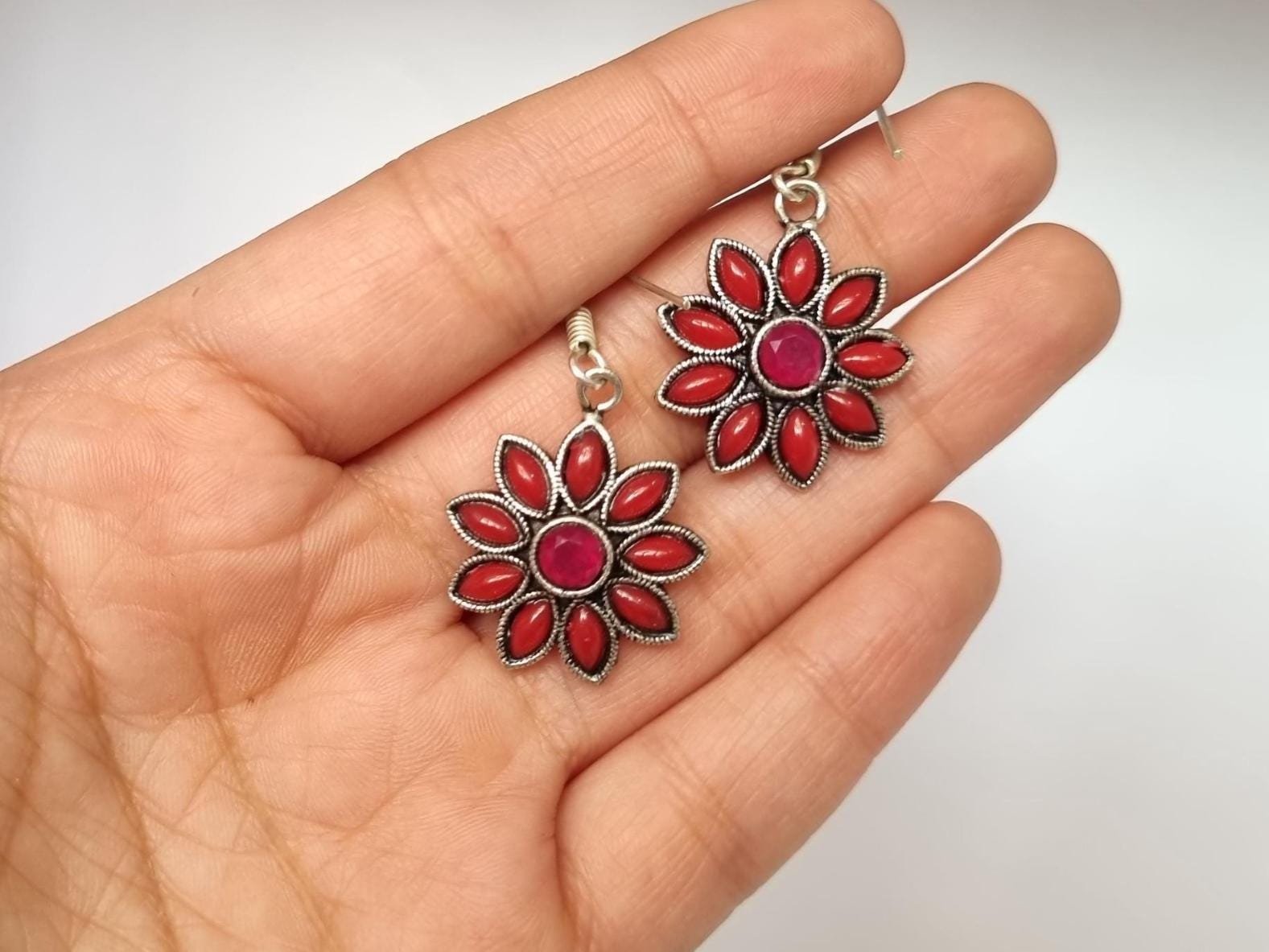 Red Coral Earring, Floral Design Earring, Ruby Earring, Gemstone Earring, Gifts for her, Coral Jewelry, Everyday wear Earring, Anniversary