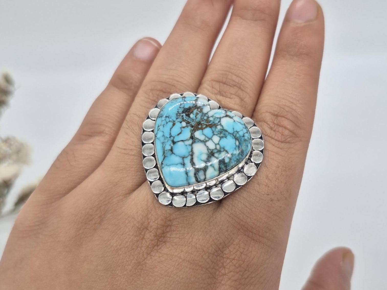Turquoise Heart Ring, Tibetan Turquoise Ring, Special women's ring ,ladies ring , Handmade turquoise ring, Gifts for love ,everyday ring - Image 5
