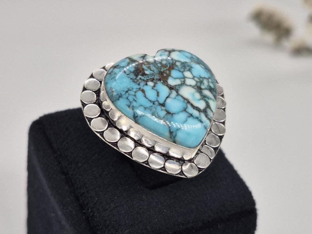 Turquoise Heart Ring, Tibetan Turquoise Ring, Special women's ring ,ladies ring , Handmade turquoise ring, Gifts for love ,everyday ring - Image 6