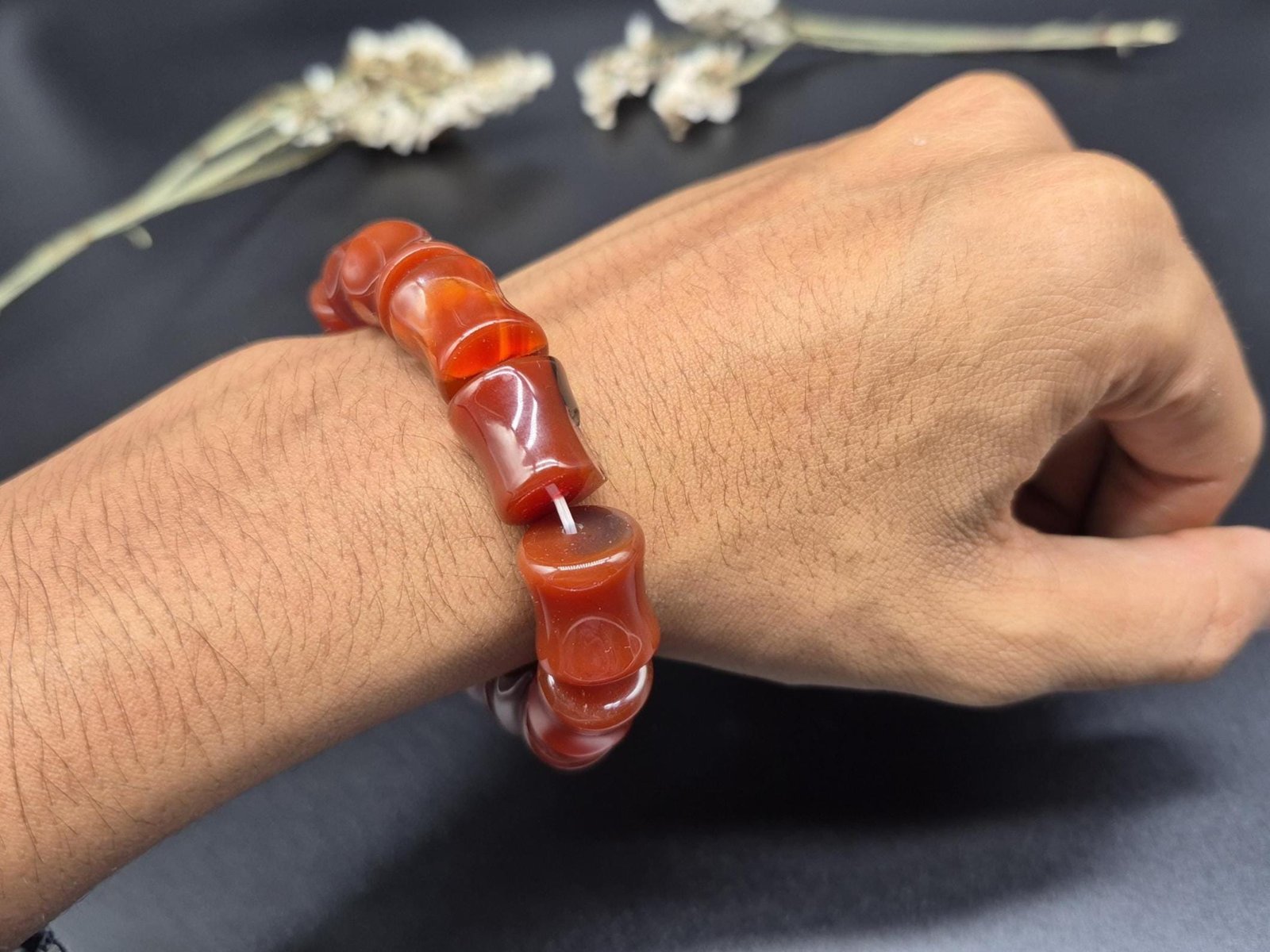 Natural Red Carnelian Agate Bracelet | Stretchable Aqeeq Beads Bracelet | Natural Stone Jewelry | Unisex Gemstone Bracelet | Agate bracelet - Image 2